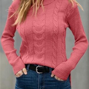 Pink Cowl Neck Cable Knit Sweater